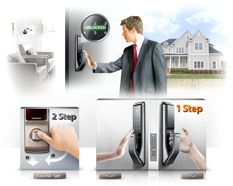 Samsung smart doorlock รุ่น SHS-P717 เป็นกลอนประตูดิจิตอล digital door lock รุ่นใหม่ล่าสุด Push/Pull รหัส+บัตร+กุญแจ_01