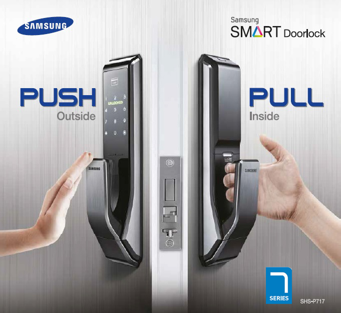 Samsung smart doorlock รุ่น SHS-P717 เป็นกลอนประตูดิจิตอล digital door lock รุ่นใหม่ล่าสุด Push/Pull รหัส+บัตร+กุญแจ