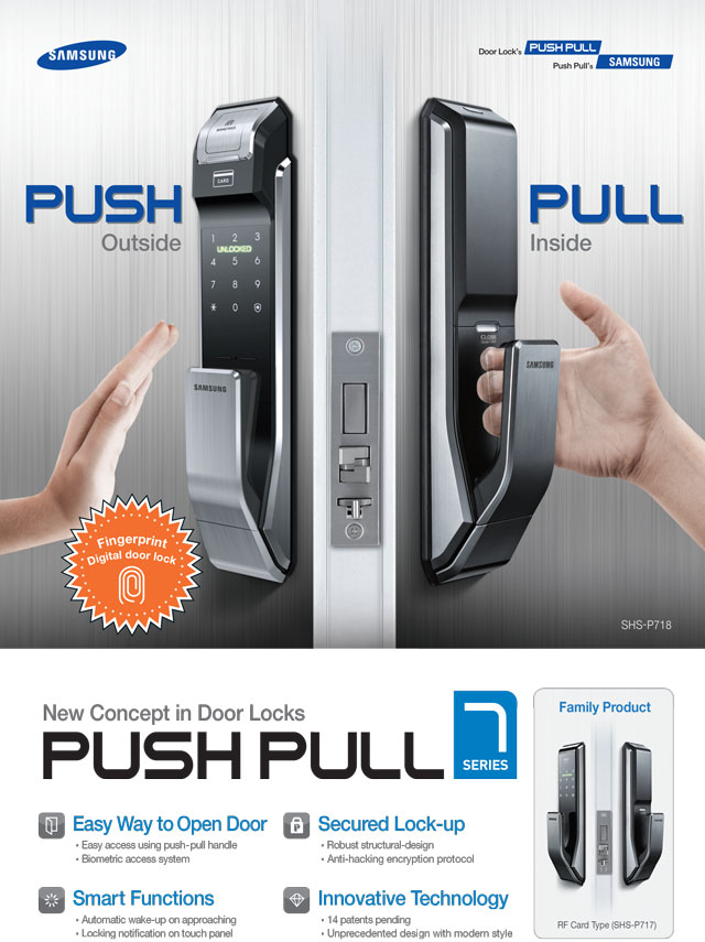 Samsung smart doorlock รุ่น SHS-P718 เป็นกลอนประตูดิจิตอล digital door lock รุ่นใหม่ล่าสุด Push/Pull รหัส+บัตร+สแกนนิ้ว+กุญแจ