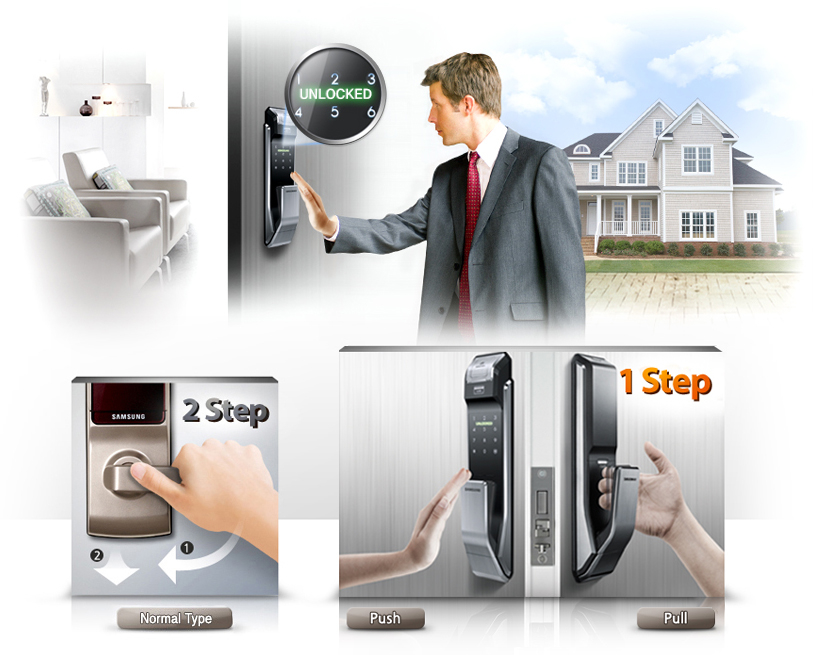 Samsung smart doorlock รุ่น SHS-P718 เป็นกลอนประตูดิจิตอล digital door lock New Push/Pull Pin+RFID/NFC+Biometric/Finger scan+Key