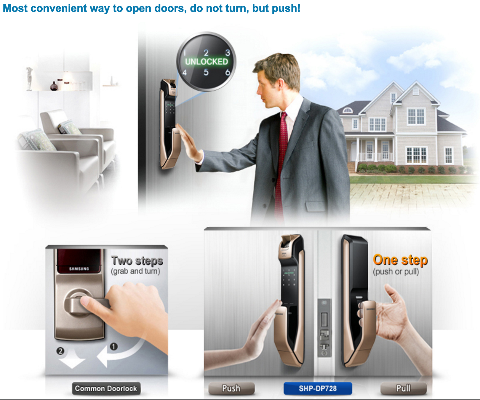 Samsung smart doorlock รุ่น SHP-DP728 เป็นกลอนประตูดิจิตอล digital door lock New Push/Pull Pin+RFID/NFC+Biometric/Finger scan+Key